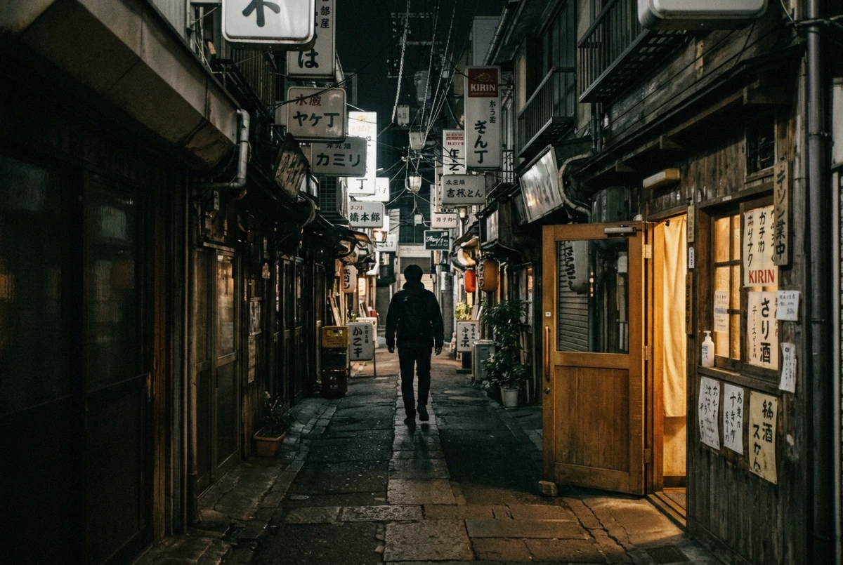 Hand-painted signs above the tiny bars of Golden Gai in Shinjuku at night on a Tokyo photoshoot route