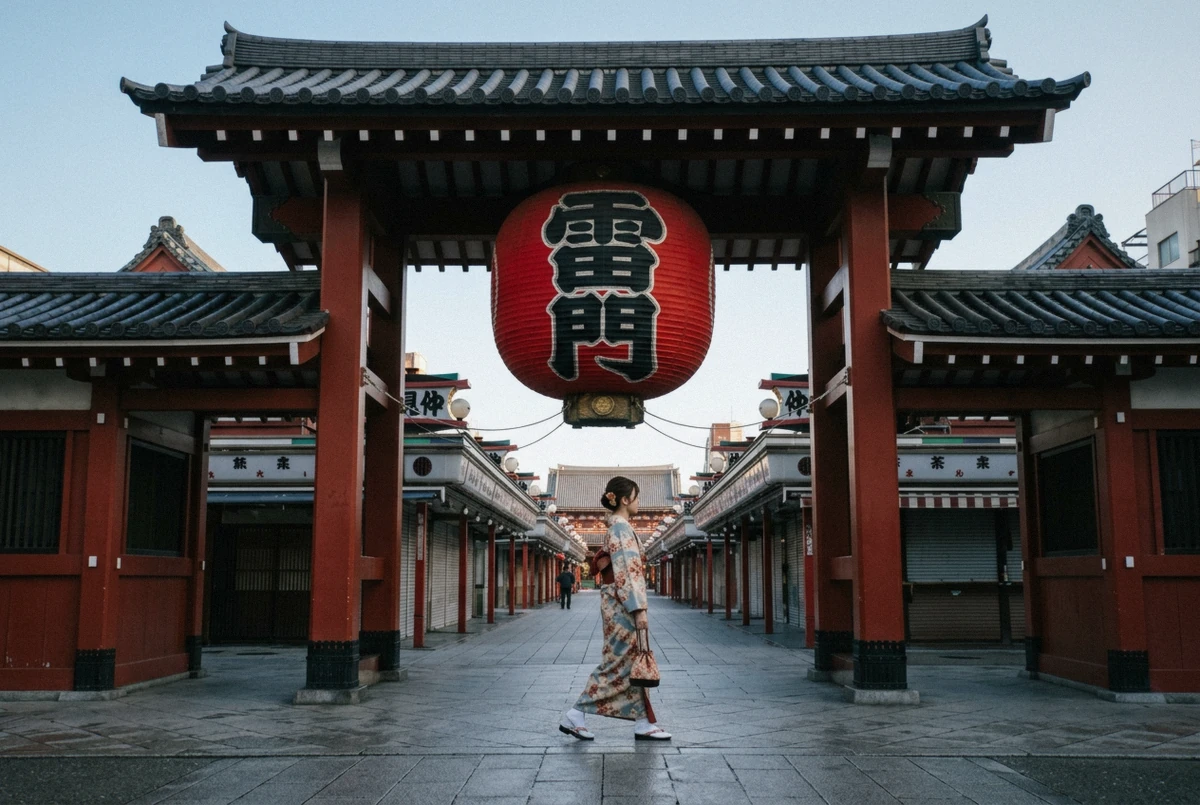 Kaminarimon gate and its giant lantern in early morning light during an Asakusa Tokyo photoshoot