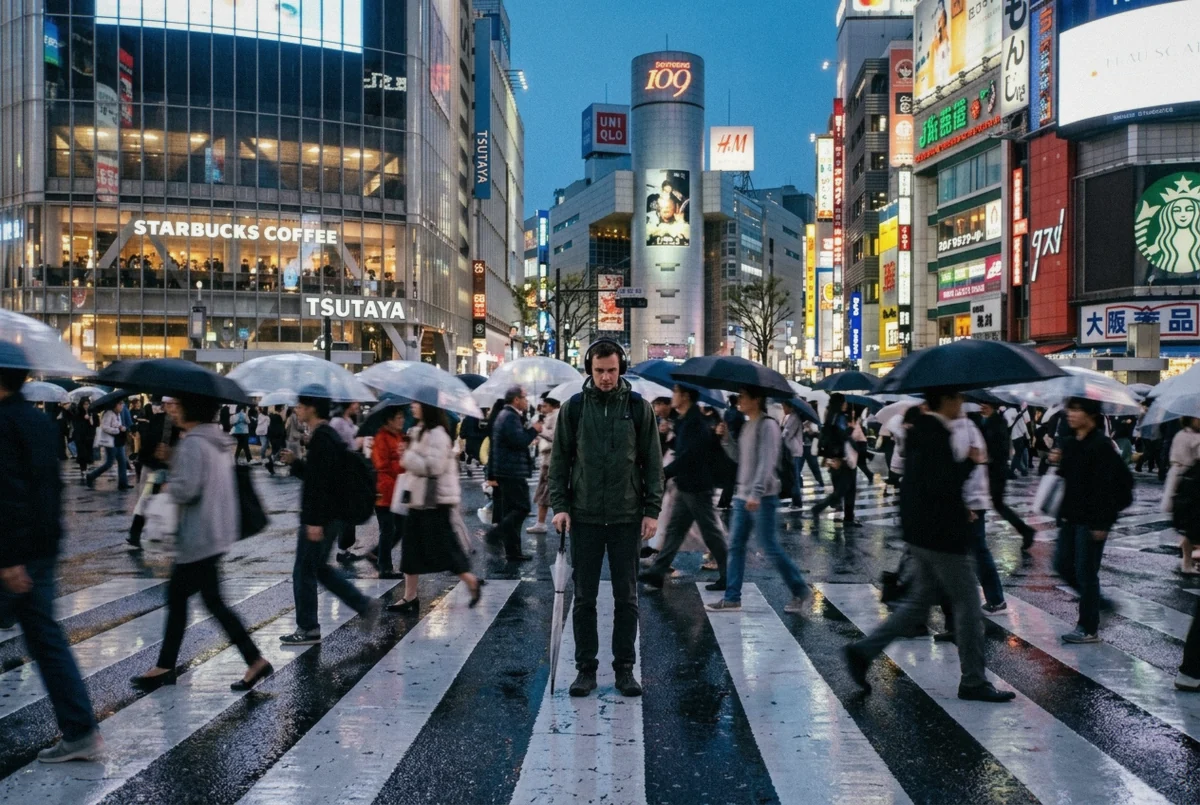 Crowds crossing the Shibuya Scramble at blue hour, the best-known backdrop for a Tokyo photoshoot