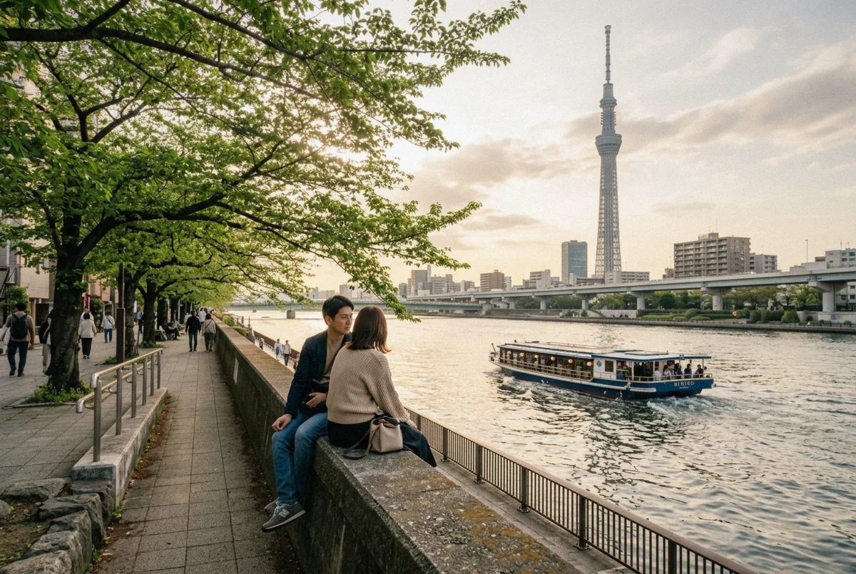 Sumida River walkway with the Tokyo Skytree behind it, a riverside stop on an Asakusa Tokyo photoshoot