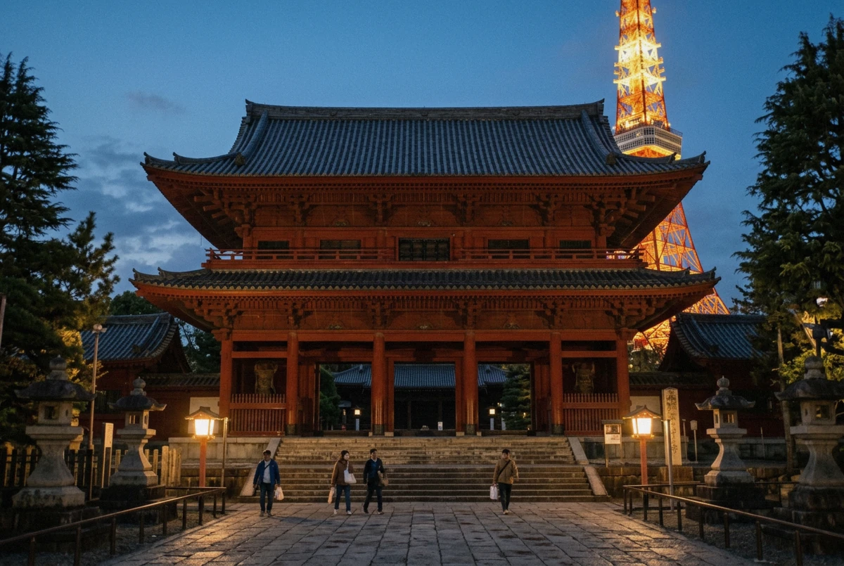 Tokyo Tower rising behind the vermilion gate of Zōjō-ji temple, a classic Tokyo photoshoot location
